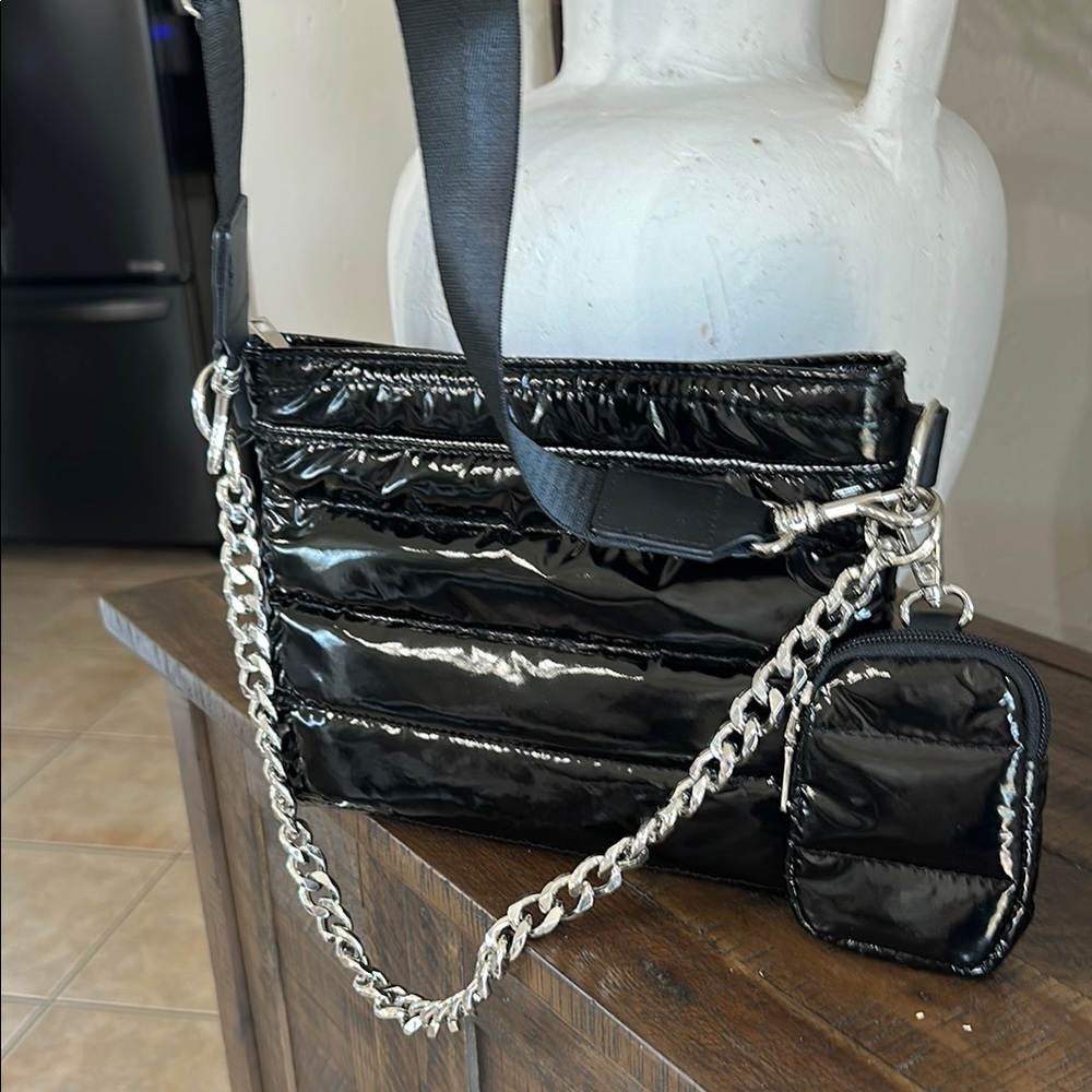 Patent Quilted Black Crossbody Bag with Silver Chain